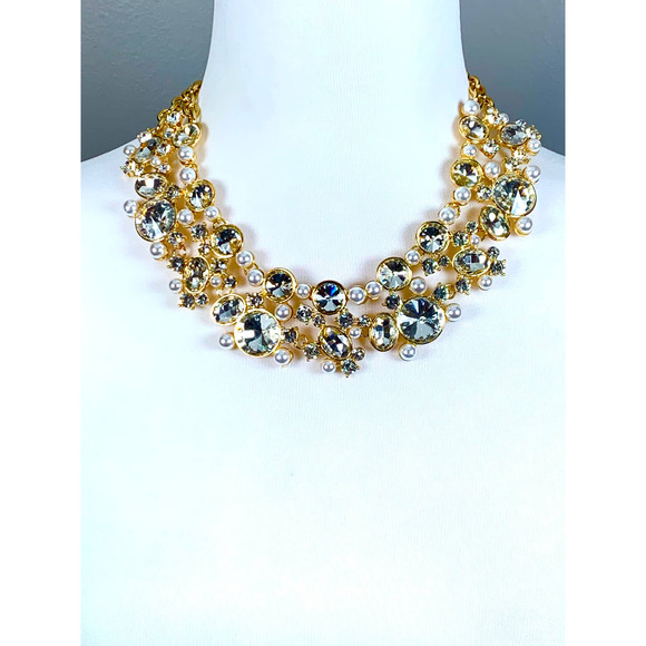 Natasha Gold Pearl & Clear Crystal Collar Chunky Statement Necklace NWT - Picture 5 of 7